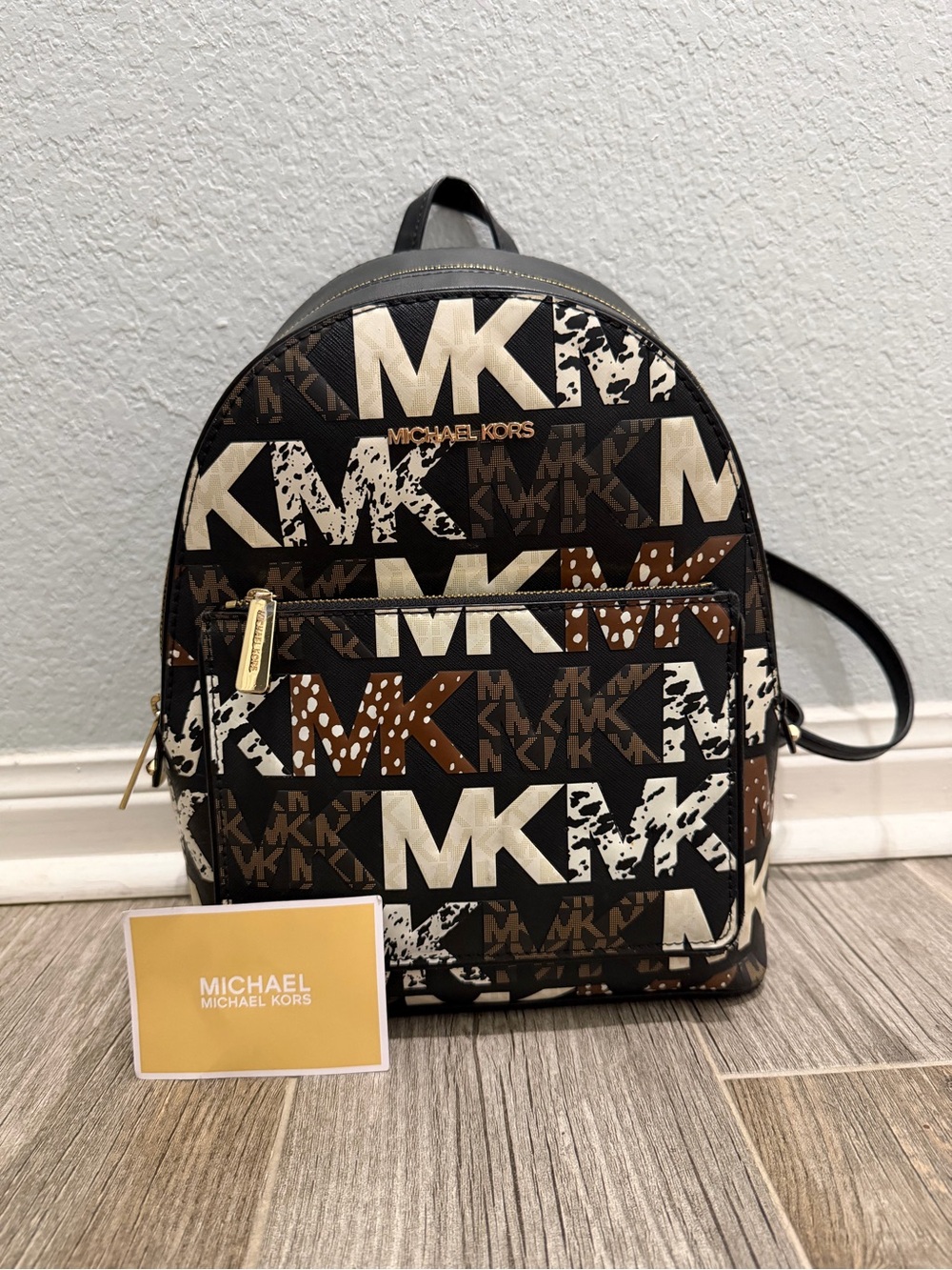 Michael Kors MK Logo Graphic Mini Backpack in Black, Brown & Cream